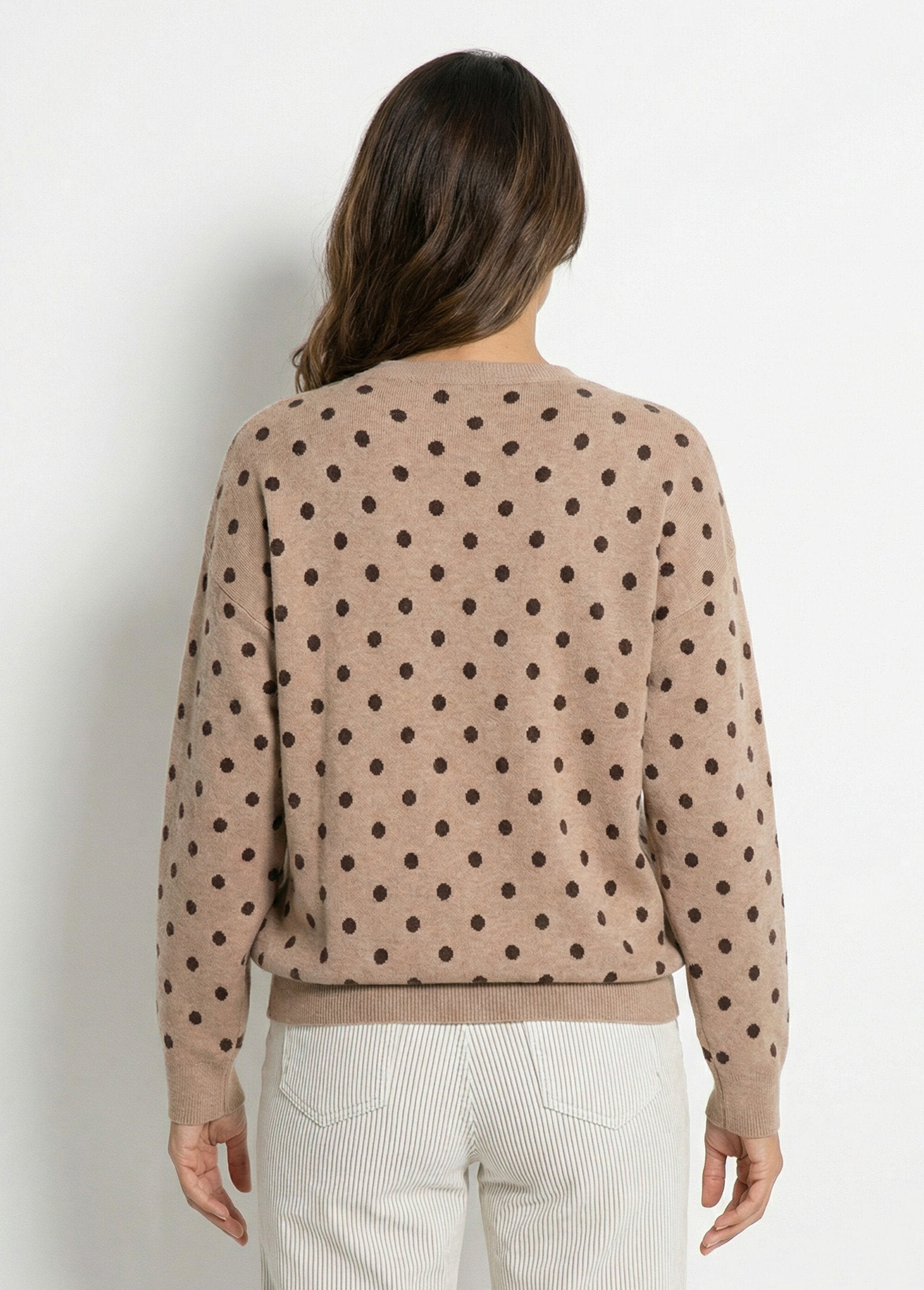Pull_à_pois_col_rond,_maille_jacquard_Taupe_DO1_slim