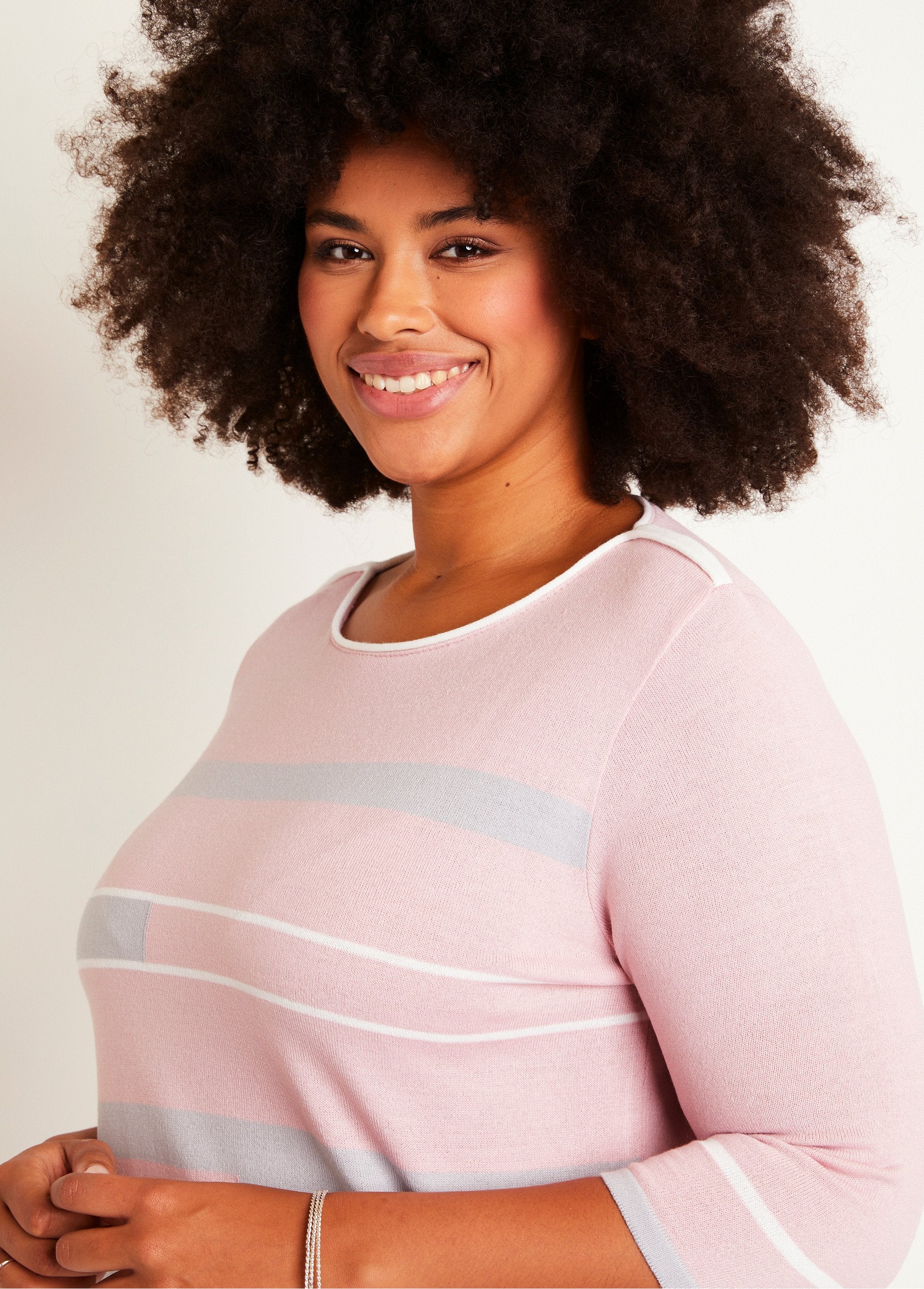 3/4_sleeve_boat_neck_sweater_with_striped_jacquard_front_Pink_and_gray_DE1_curvy