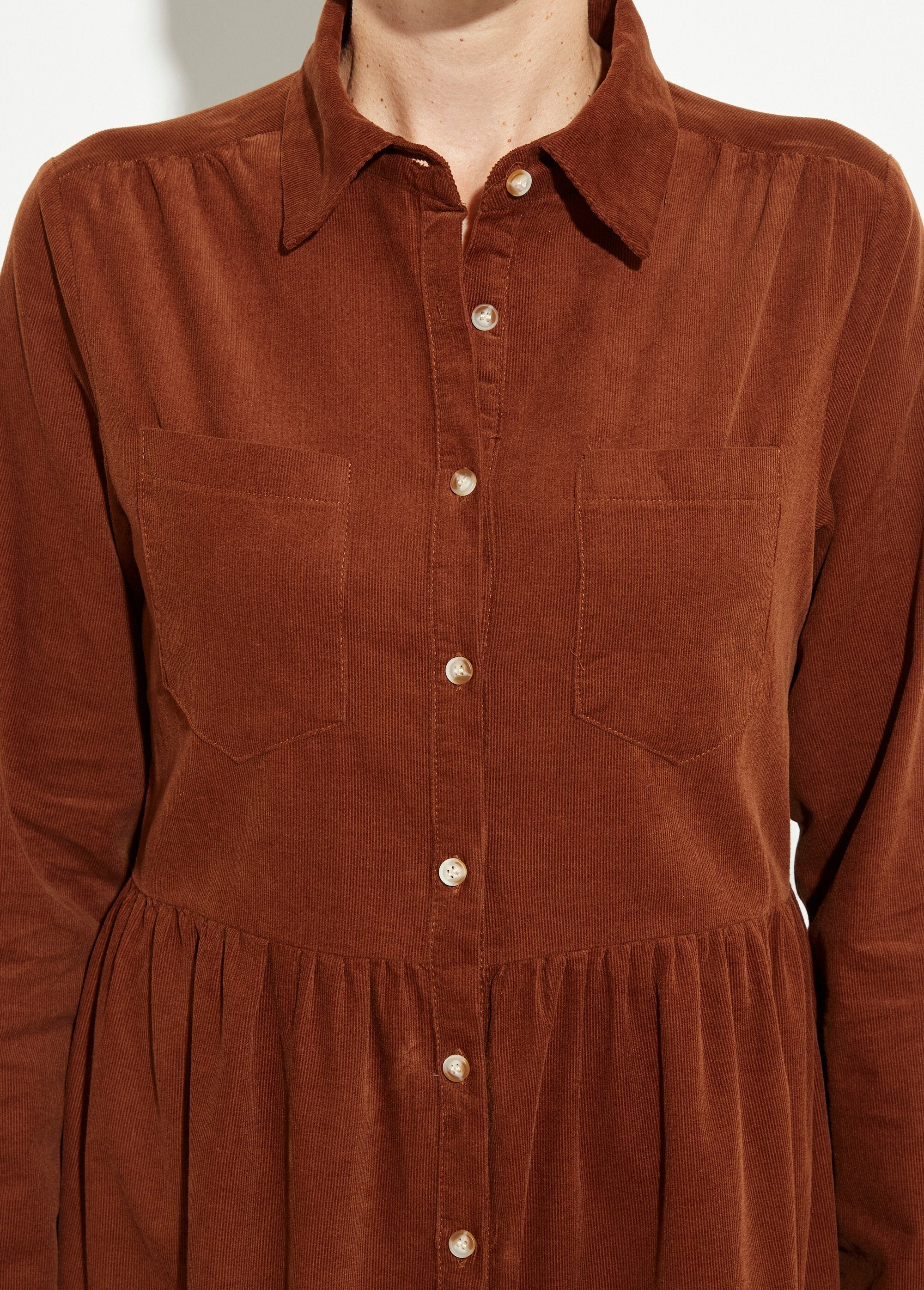Velvet_shirt_dress_with_pleated_waist_Brown_DE1_slim