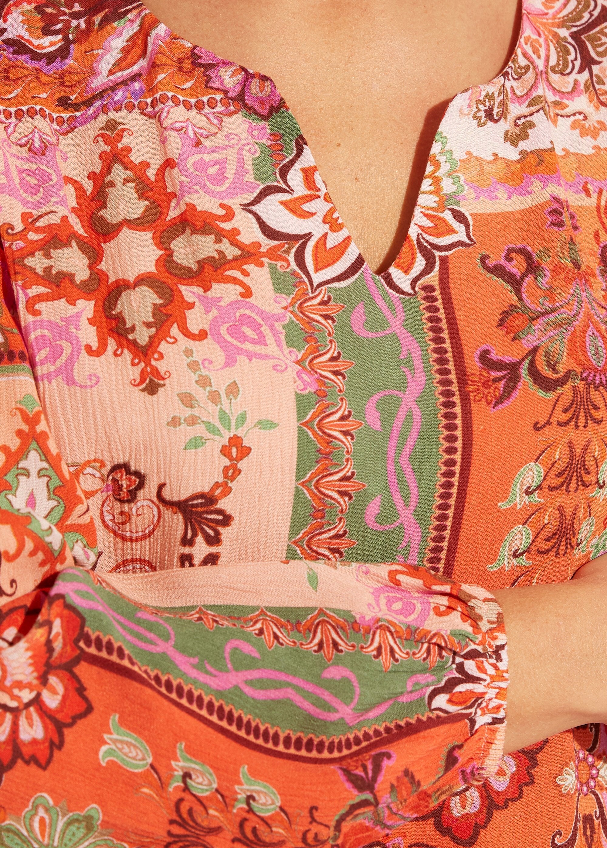 Long_tunic_with_V-neck_and_patchwork_print_voile_Orange_and_ecru_DE1_slim