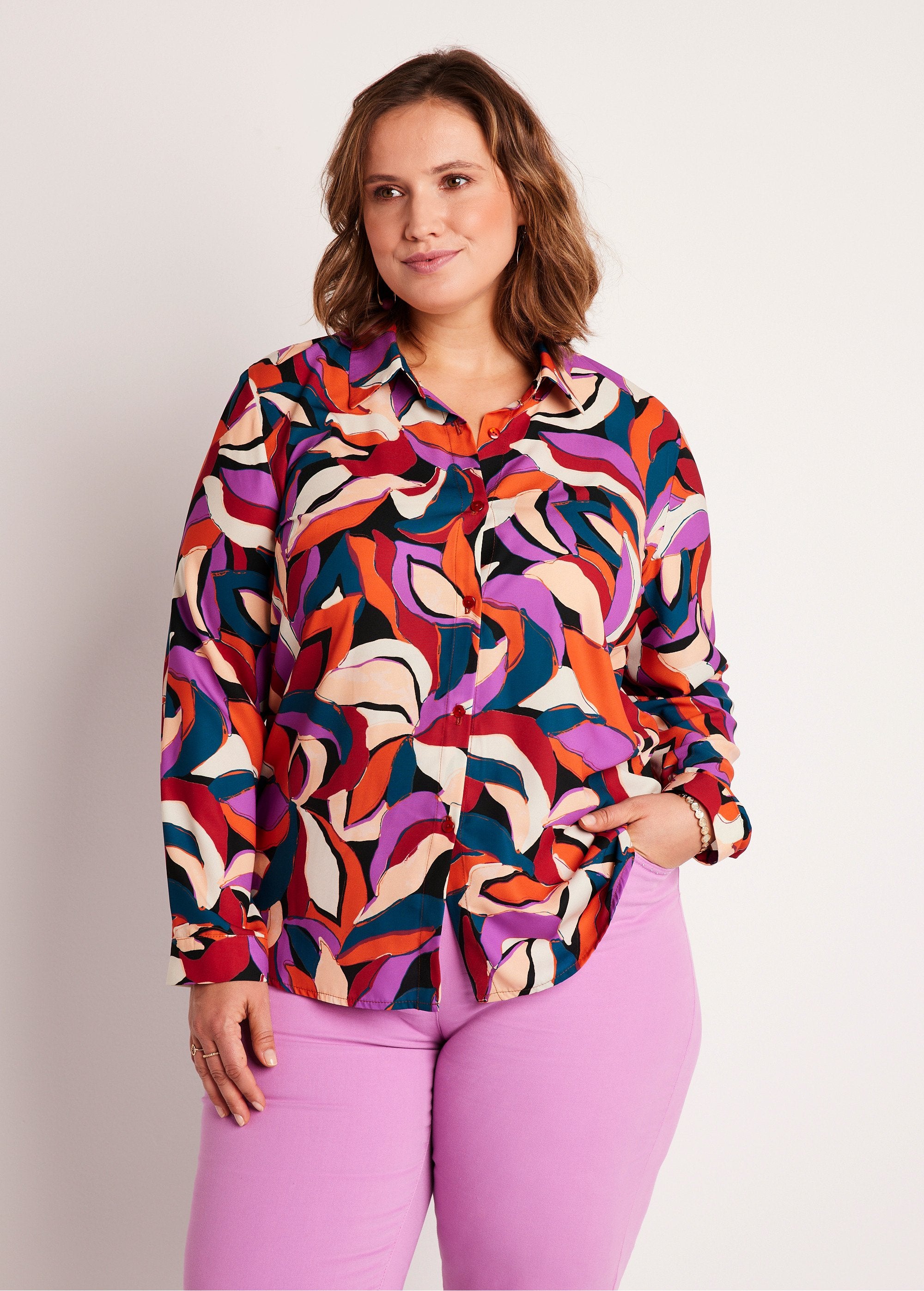 Long_sleeve_leaf_pattern_blouse_Orange_and_purple_FA1_curvy