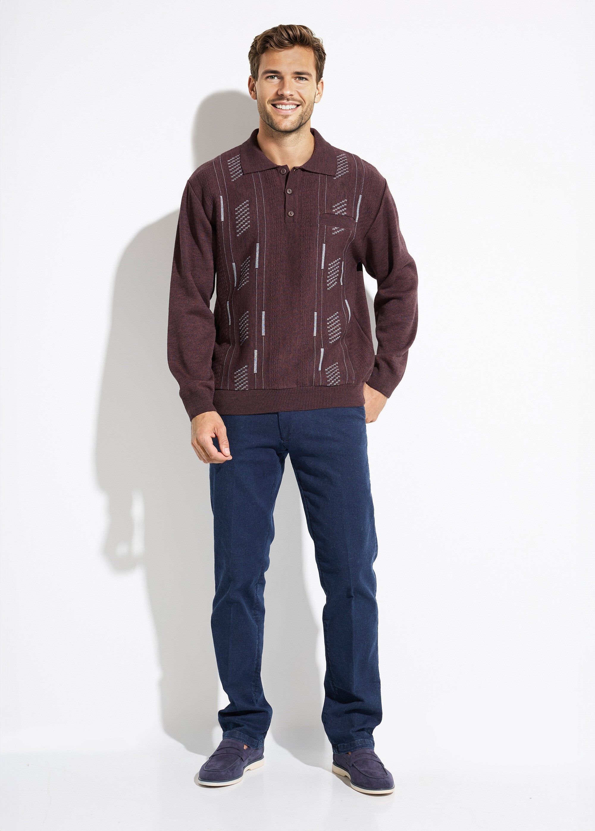 Pull_col_polo_boutonné_jacquard_manches_longues_laine_Bordeaux_SF1_slim