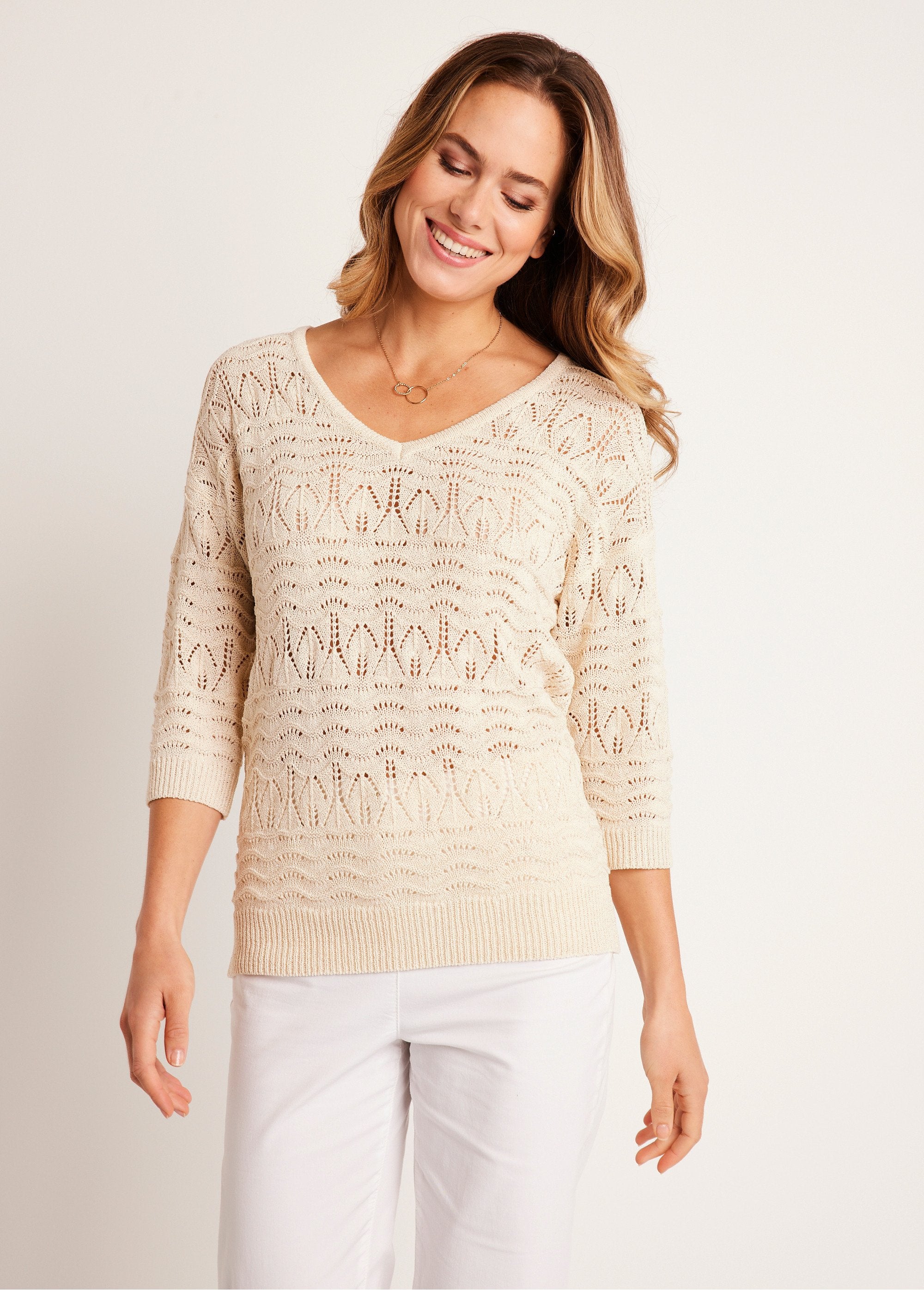 3/4_sleeve_openwork_pattern_V-neck_sweater_String_FA1_slim