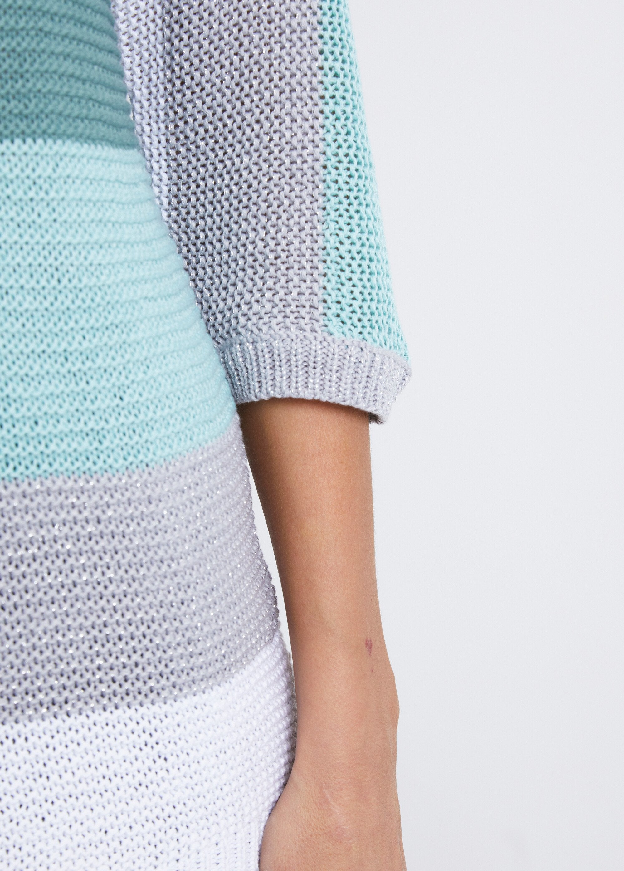Striped_3/4_sleeve_garter_stitch_sweater_Aqua_and_grey_DE4_slim