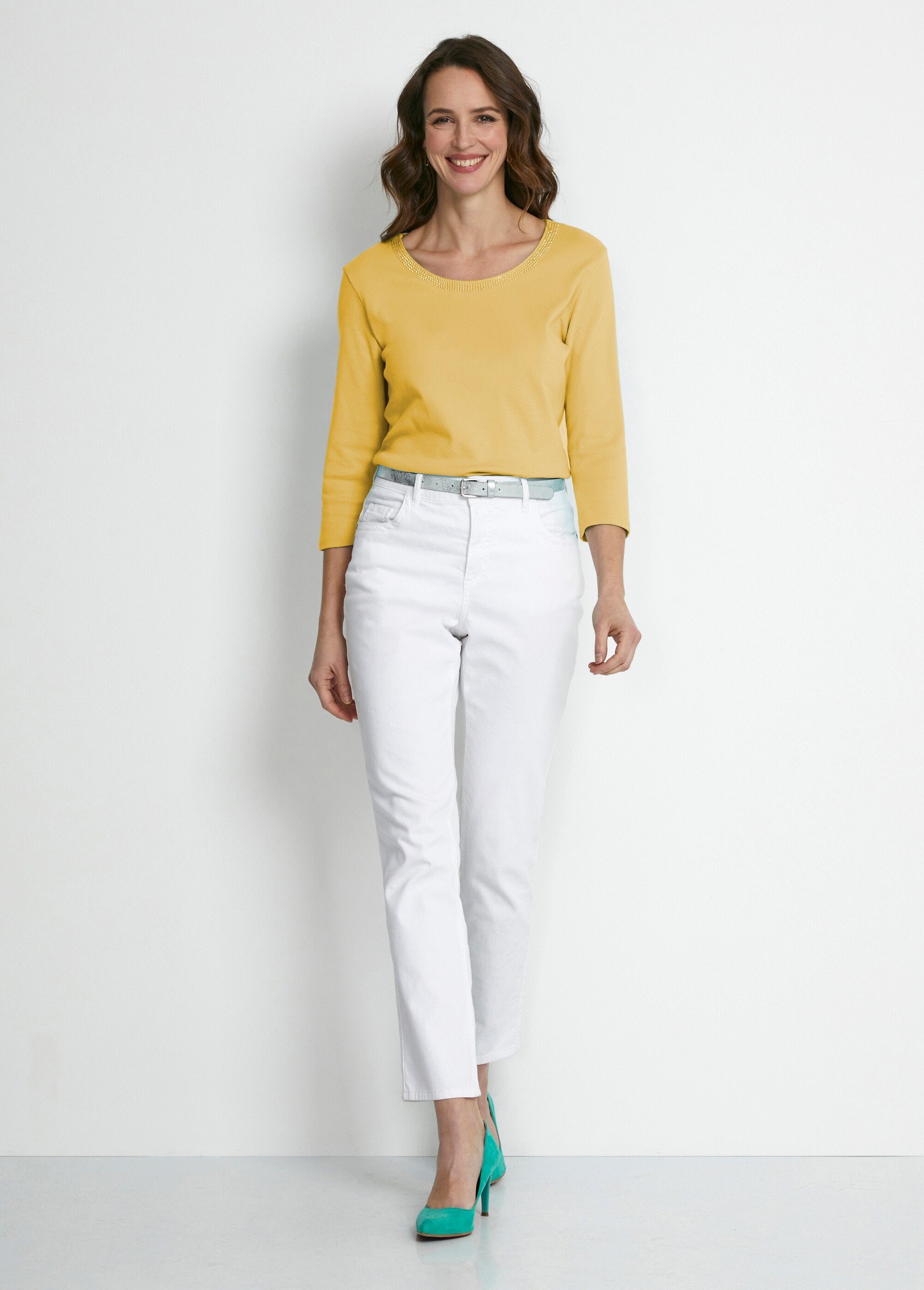 Fancy_studded_3/4_sleeve_T-shirt_YELLOW_SF1_slim